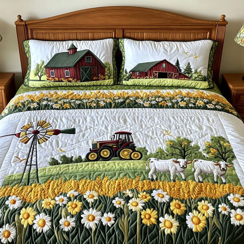 Harvest Time Blossoms quilted 3-piece bedding set on a made bed with two matching pillow shams