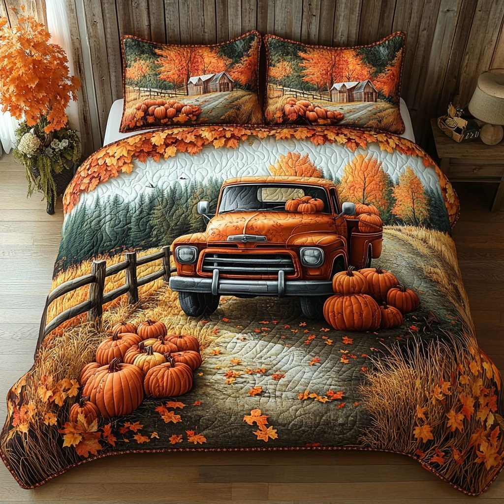 Harvest Truck quilted 3-piece bedding set on a made bed with two matching pillow shams