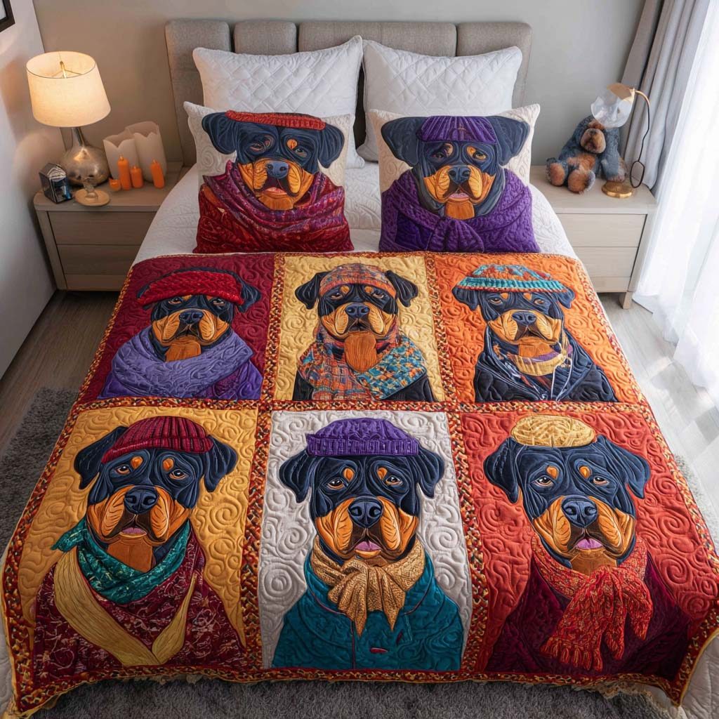 Harvest Watch quilted 3-piece bedding set on a made bed with two matching pillow shams