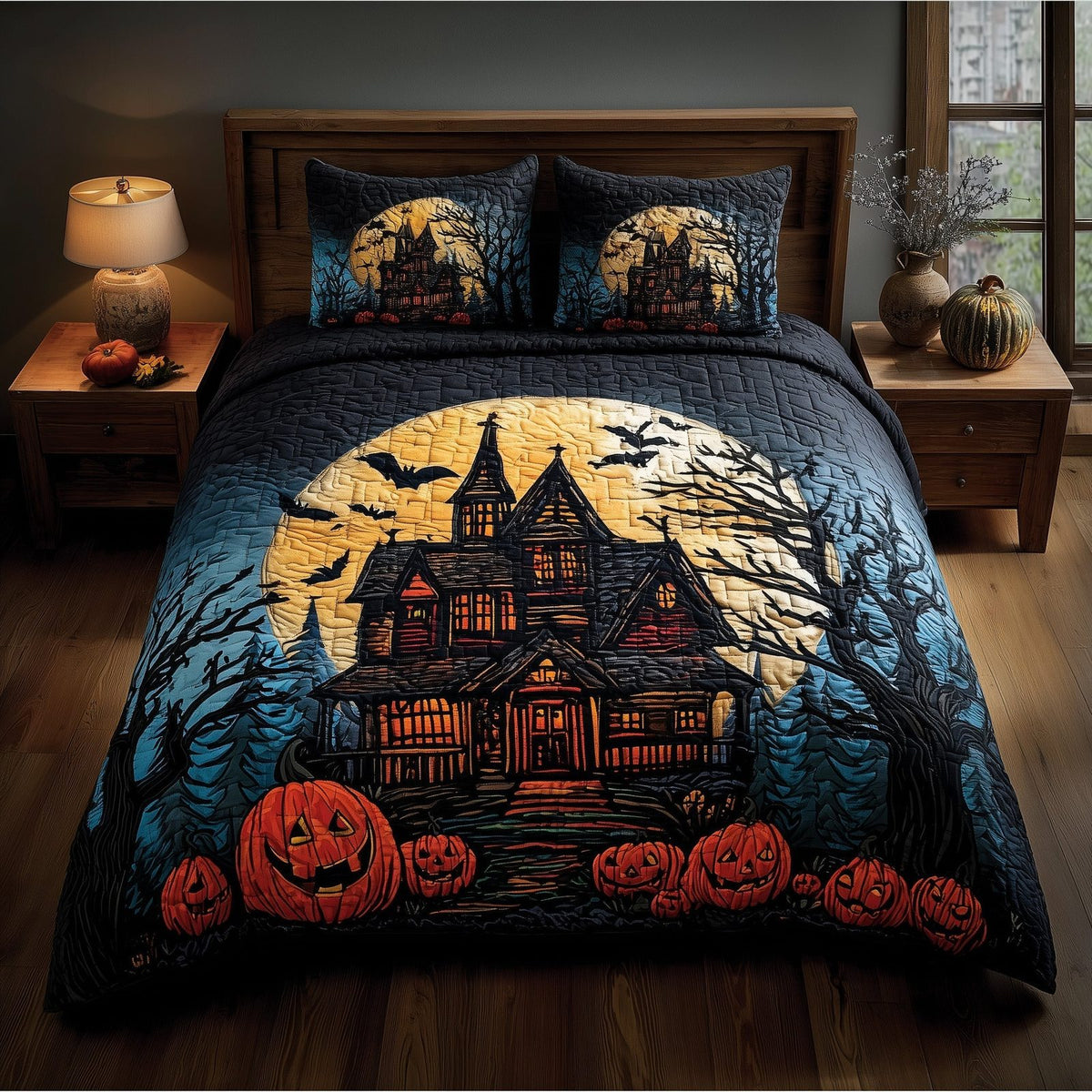 Haunted Cabin quilted 3-piece bedding set on a made bed against a dark styled interior