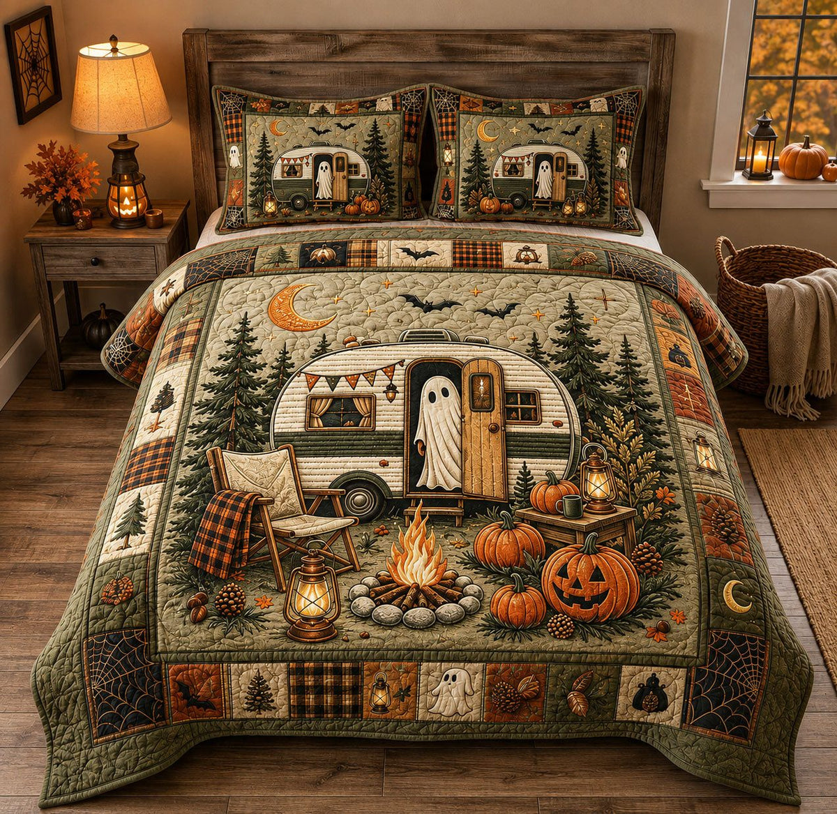 Haunted Camper Halloween quilted 3-piece bedding set on a made bed against a dark styled interior