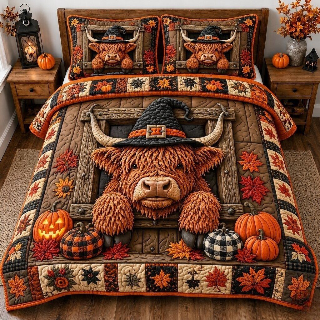 Haunted Cow quilted 3-piece bedding set on a made bed against a dark styled interior