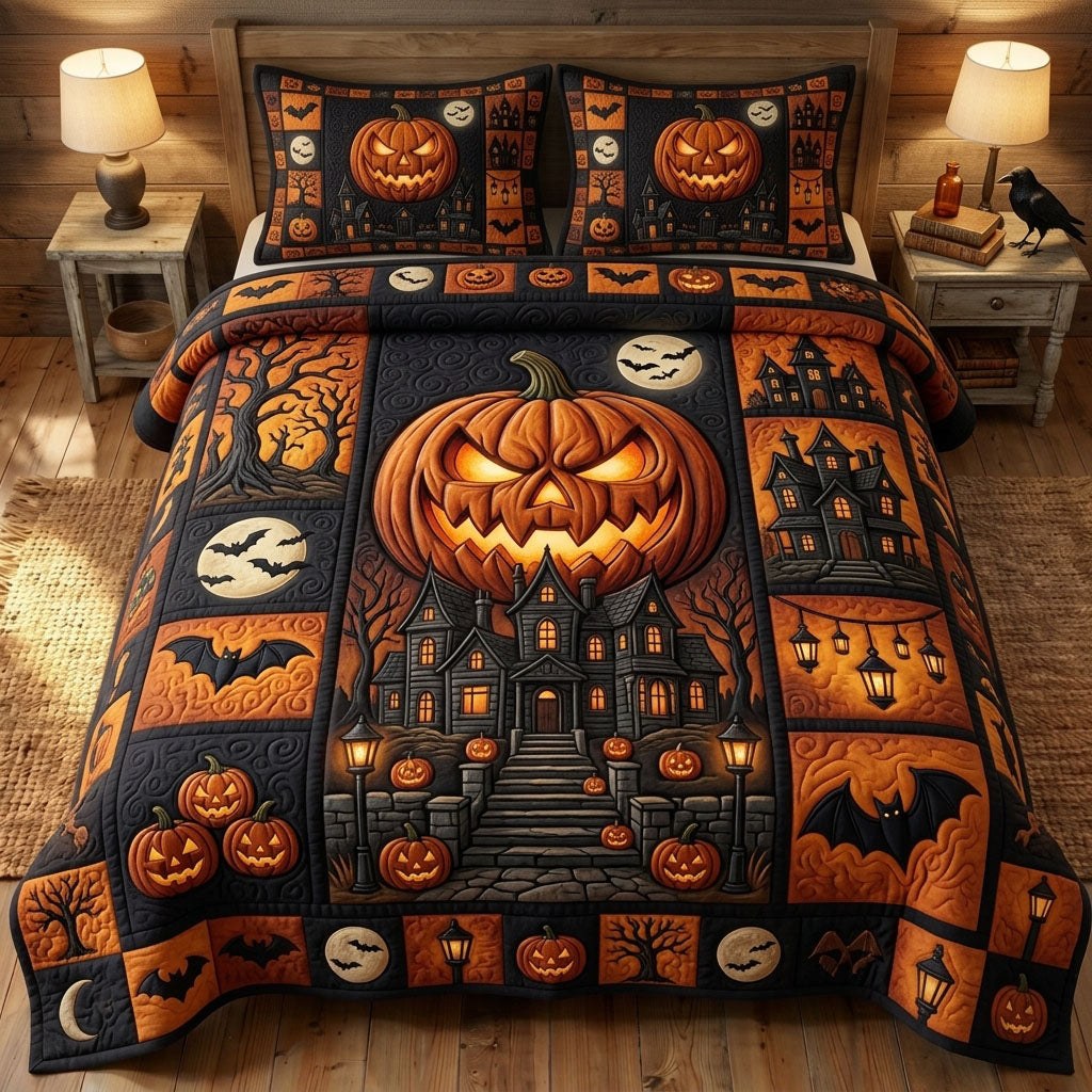 Haunted Halloween quilted 3-piece bedding set on a made bed against a dark styled interior