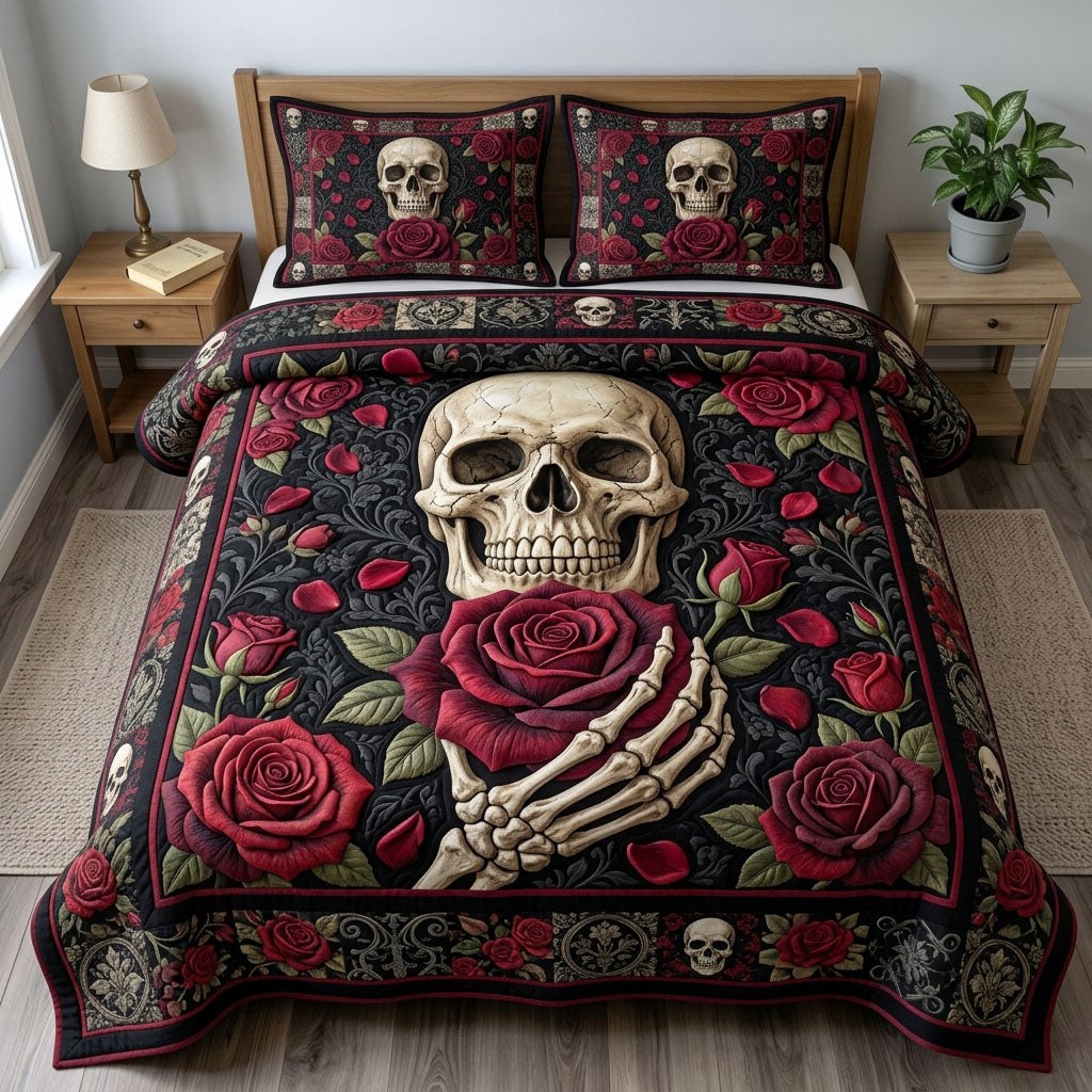Haunted Halloween quilted 3-piece bedding set on a made bed against a dark styled interior