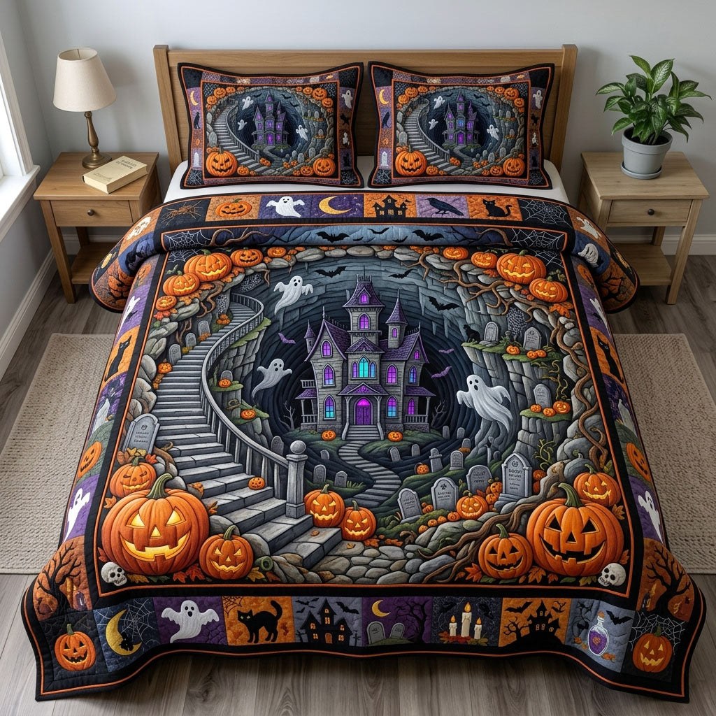Haunted Halloween quilted 3-piece bedding set on a made bed against a dark styled interior