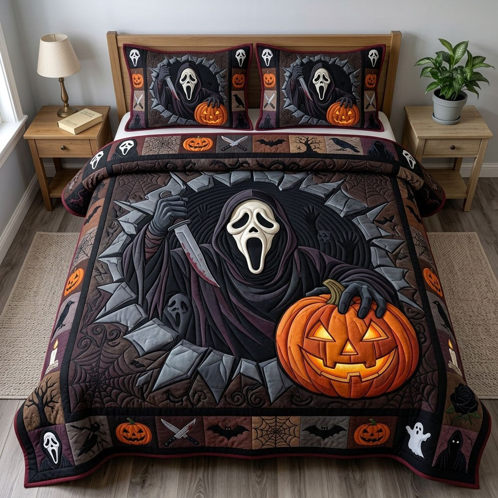 Haunted Halloween quilted 3-piece bedding set on a made bed against a dark styled interior