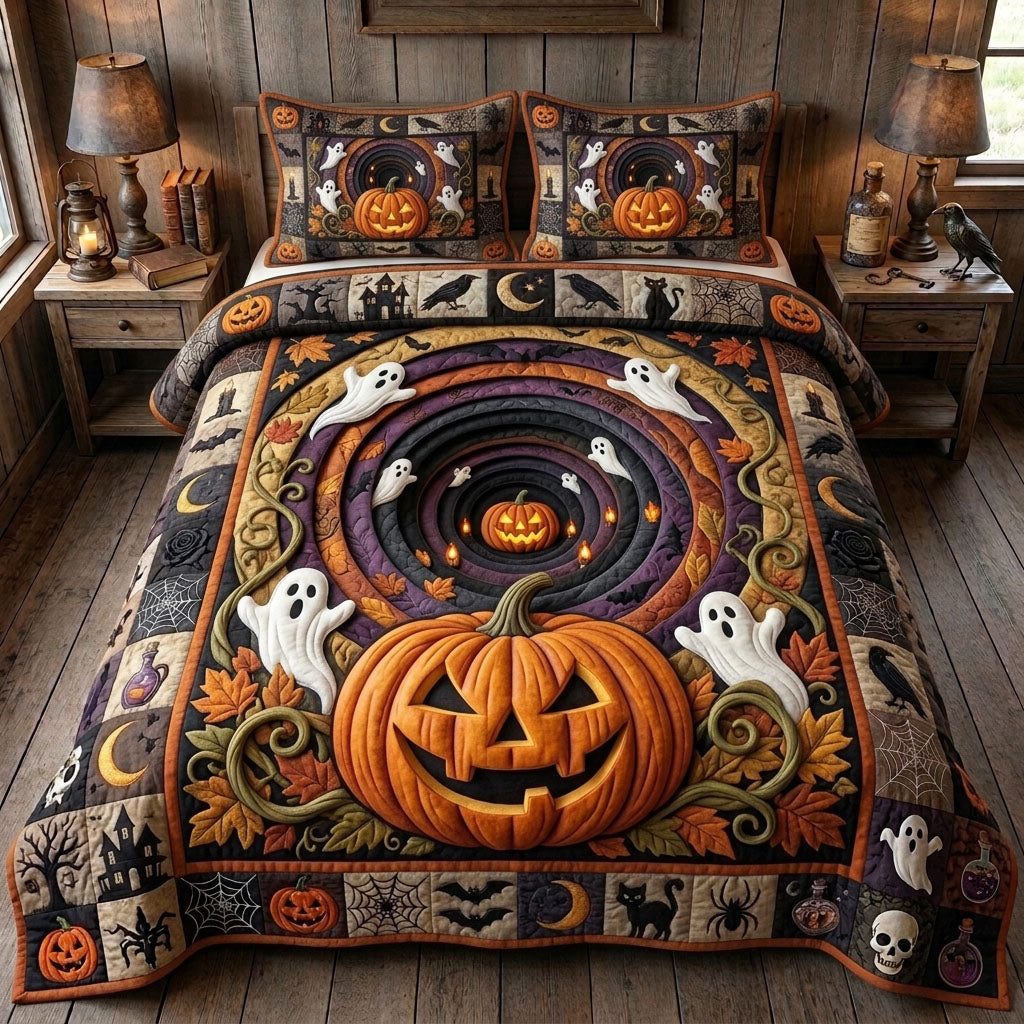 Haunted Halloween quilted 3-piece bedding set on a made bed against a dark styled interior