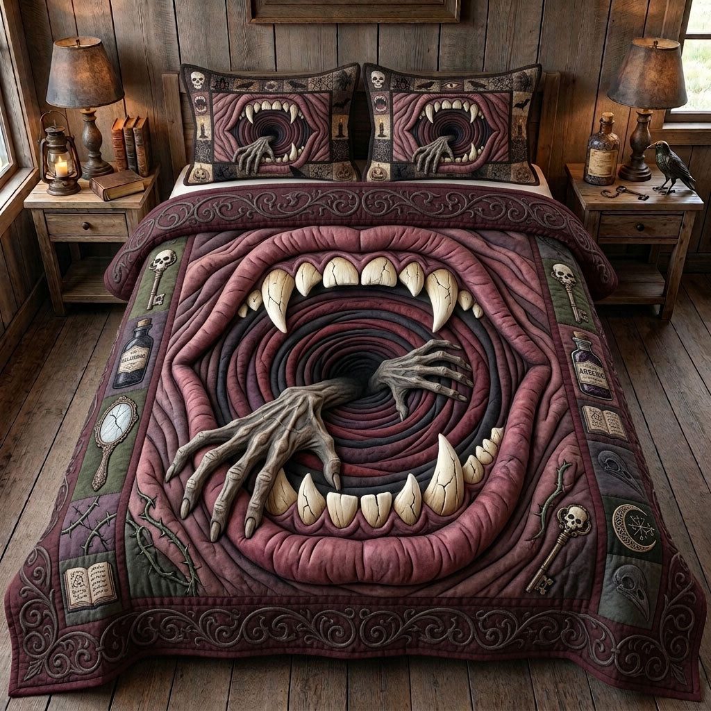 Haunted Halloween quilted 3-piece bedding set on a made bed against a dark styled interior