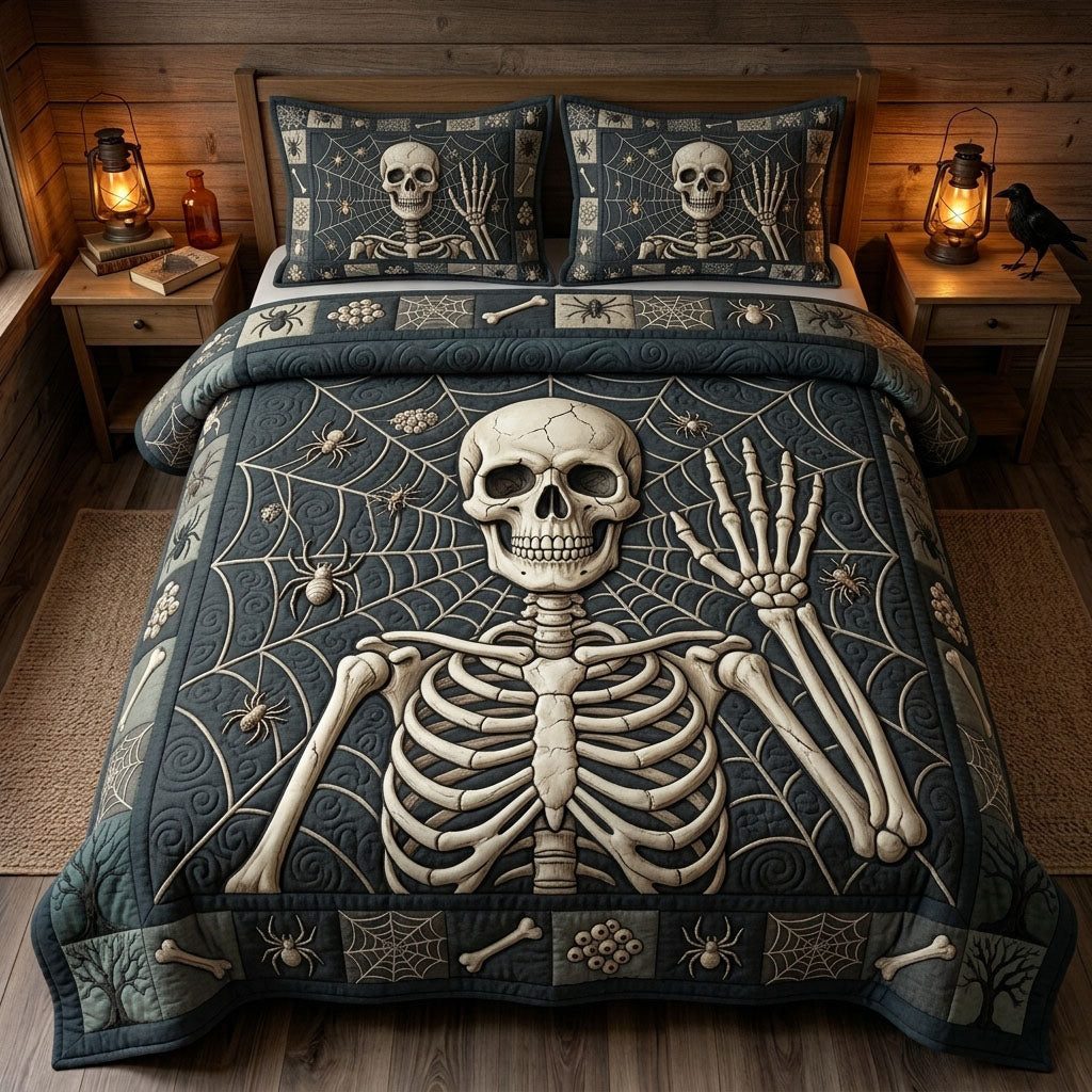 Haunted Halloween quilted 3-piece bedding set on a made bed against a dark styled interior