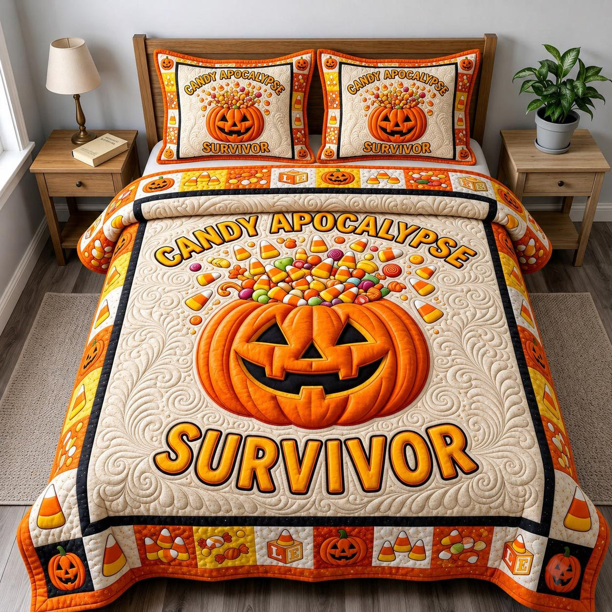 Haunted Halloween quilted 3-piece bedding set on a made bed against a dark styled interior