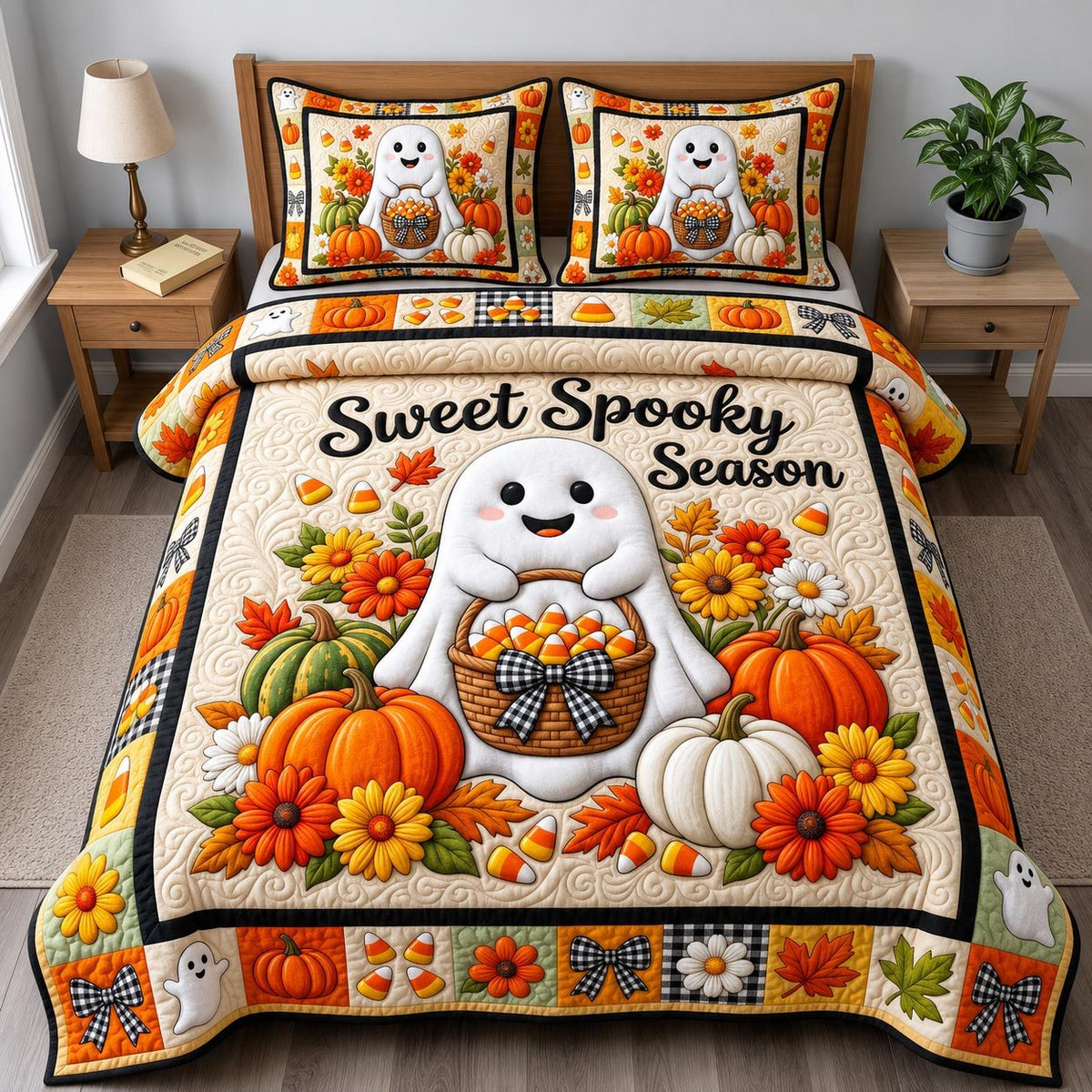 Haunted Halloween quilted 3-piece bedding set on a made bed against a dark styled interior