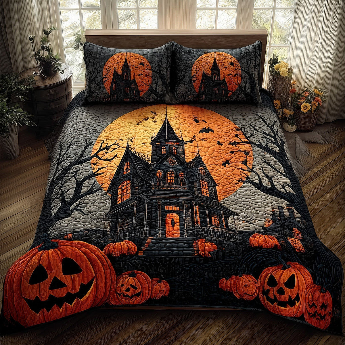 Haunted House quilted 3-piece bedding set on a made bed against a dark styled interior