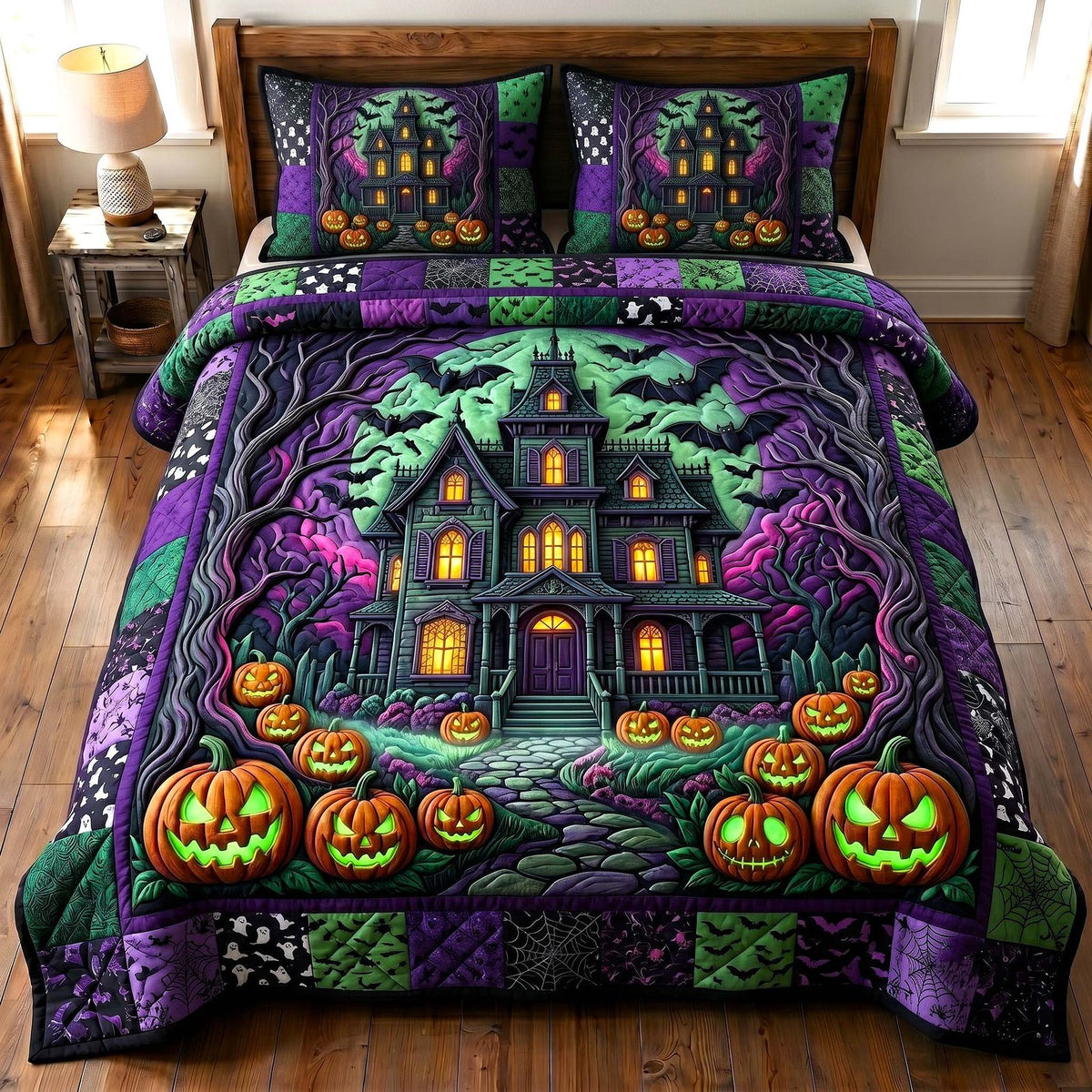 Haunted Manor quilted 3-piece bedding set on a made bed against a dark styled interior