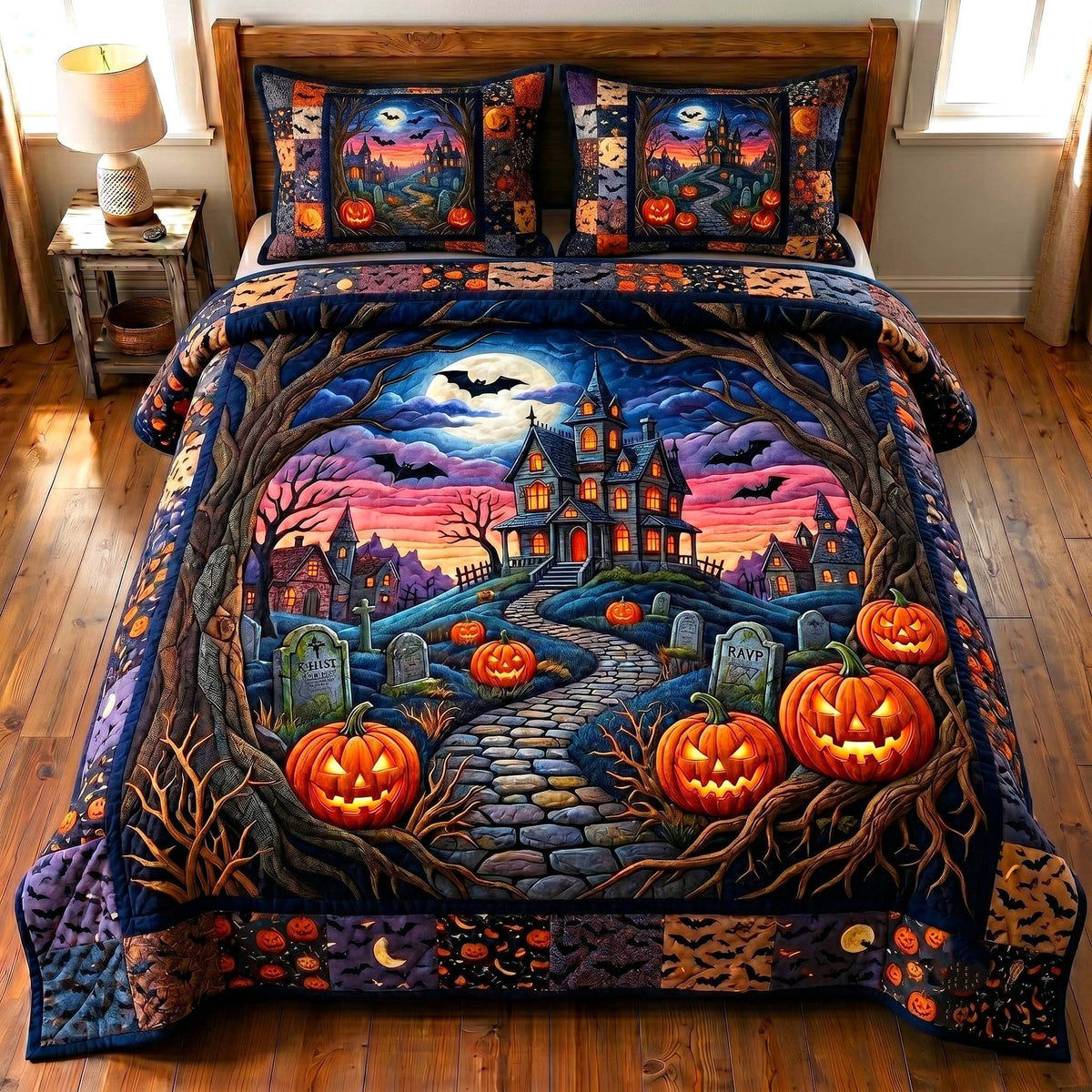 Haunted Manor quilted 3-piece bedding set on a made bed against a dark styled interior