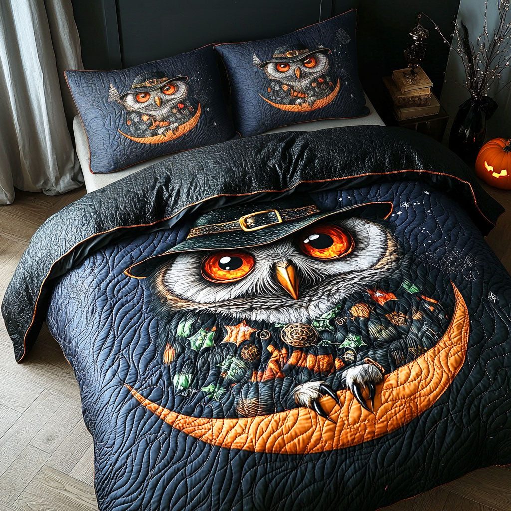 Haunted Moon quilted 3-piece bedding set on a made bed against a dark styled interior