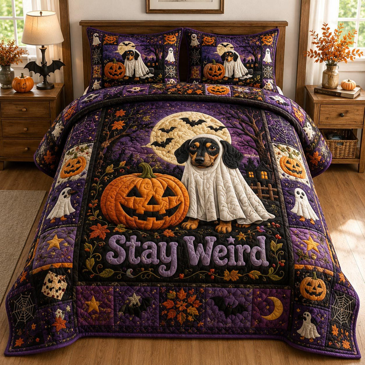 Haunted Pup quilted 3-piece bedding set on a made bed against a dark styled interior