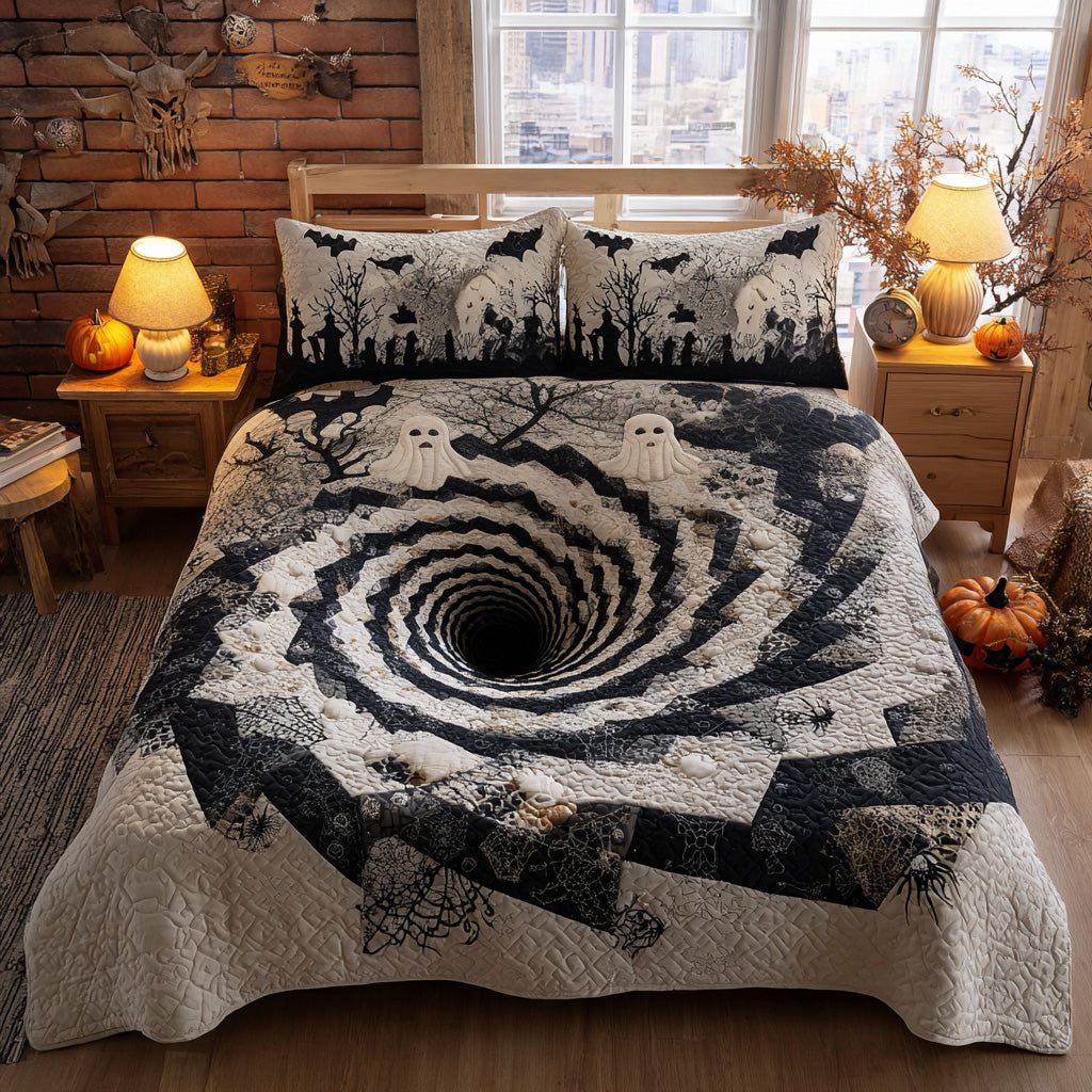 Haunted Spiral quilted 3-piece bedding set on a made bed against a dark styled interior