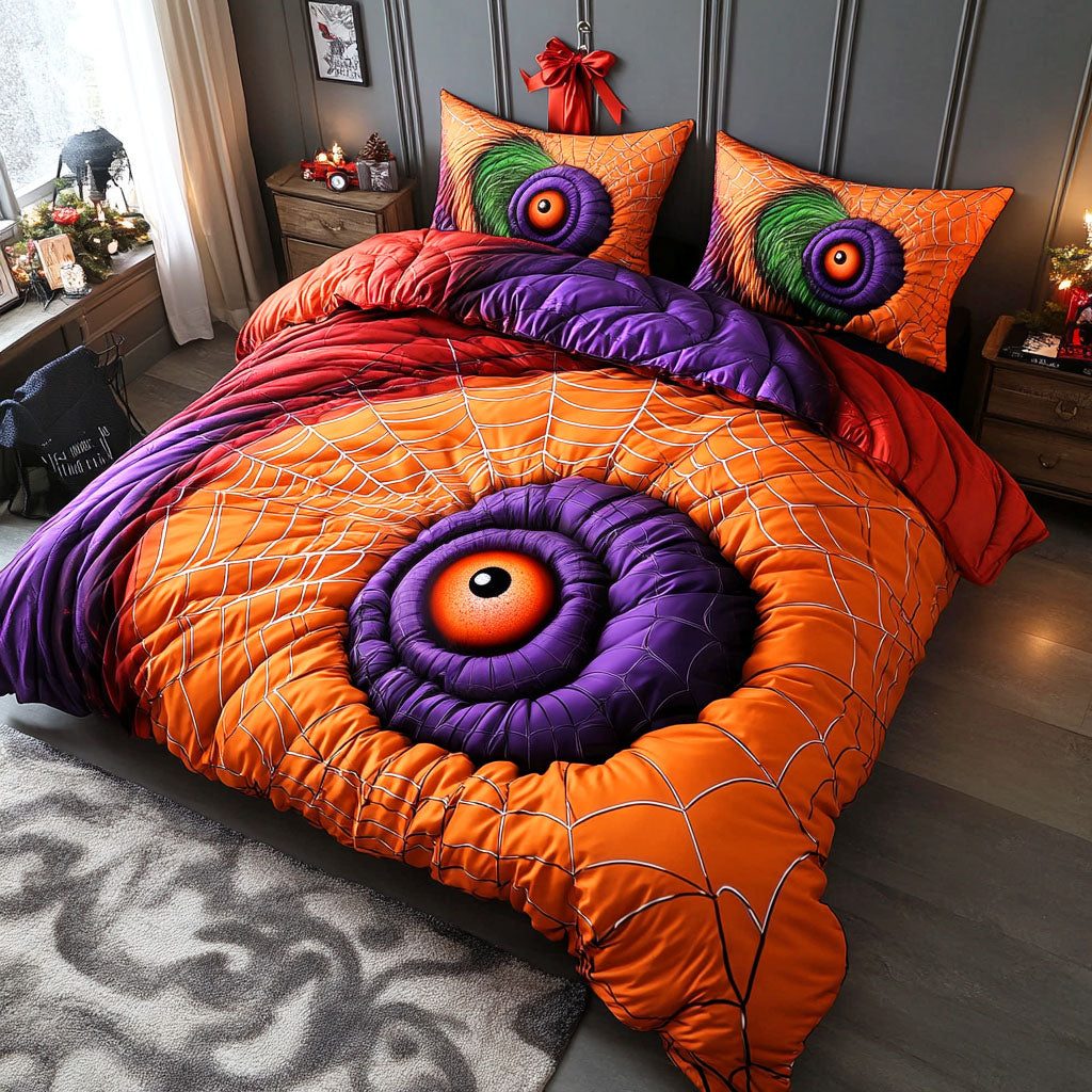 Haunted Terror quilted 3-piece bedding set on a made bed against a dark styled interior