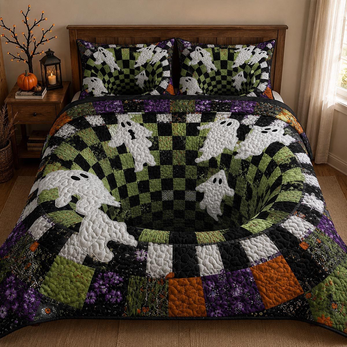 Haunted Whirl quilted 3-piece bedding set on a made bed against a dark styled interior