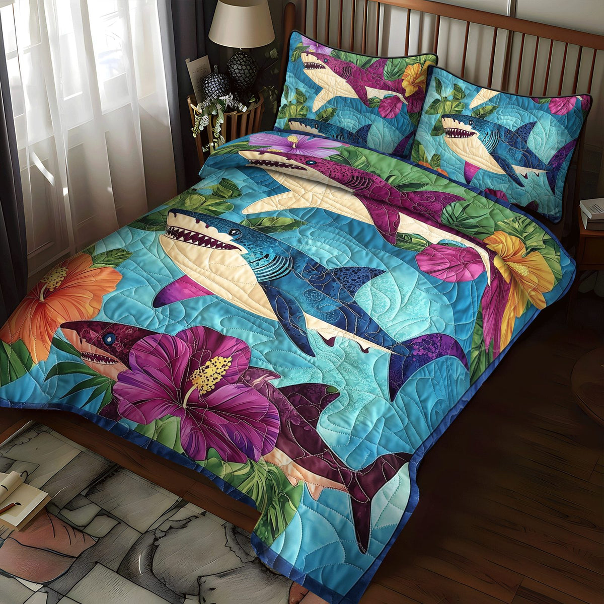 Hawaiian Shark quilted 3-piece bedding set on a made bed with two matching pillow shams