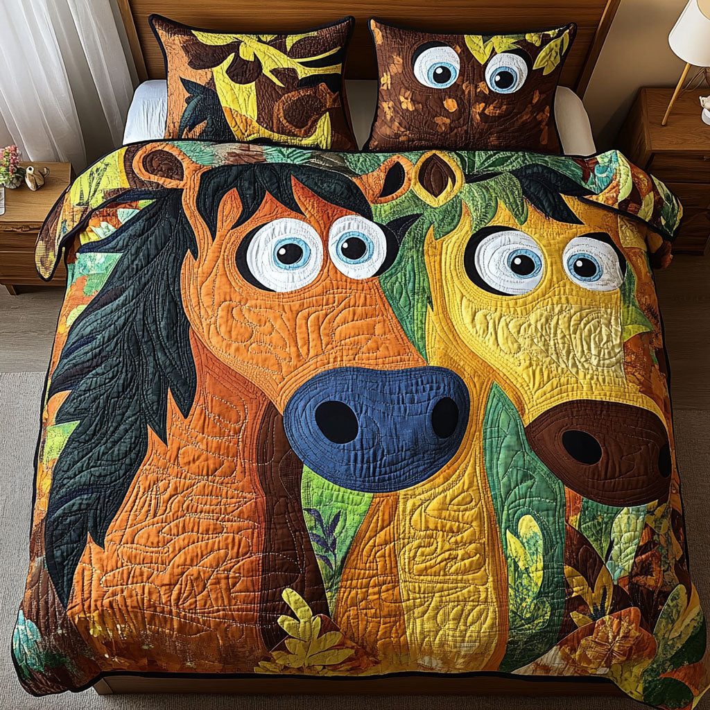 Hay There Buddy quilted 3-piece bedding set on a made bed with two matching pillow shams