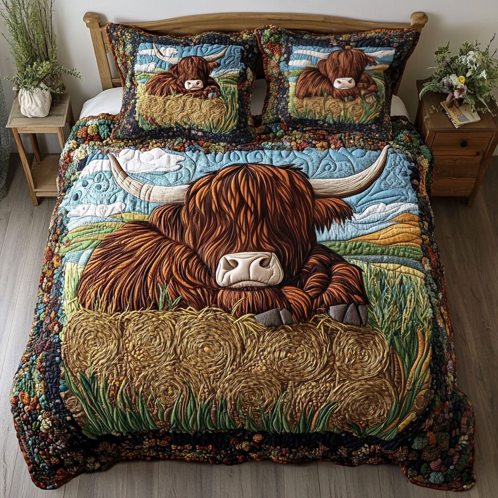Hayfield Dream quilted 3-piece bedding set on a made bed with two matching pillow shams
