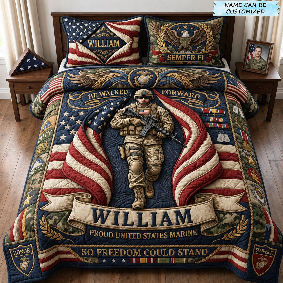 He Walked Forward quilted 3-piece bedding set on a made bed with two matching pillow shams