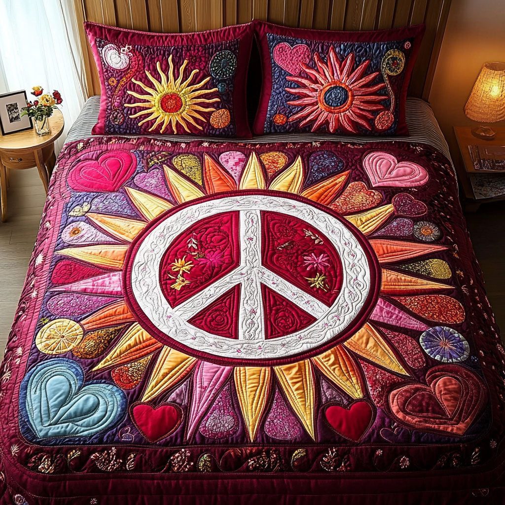Heart and Harmony quilted 3-piece bedding set on a made bed with two matching pillow shams