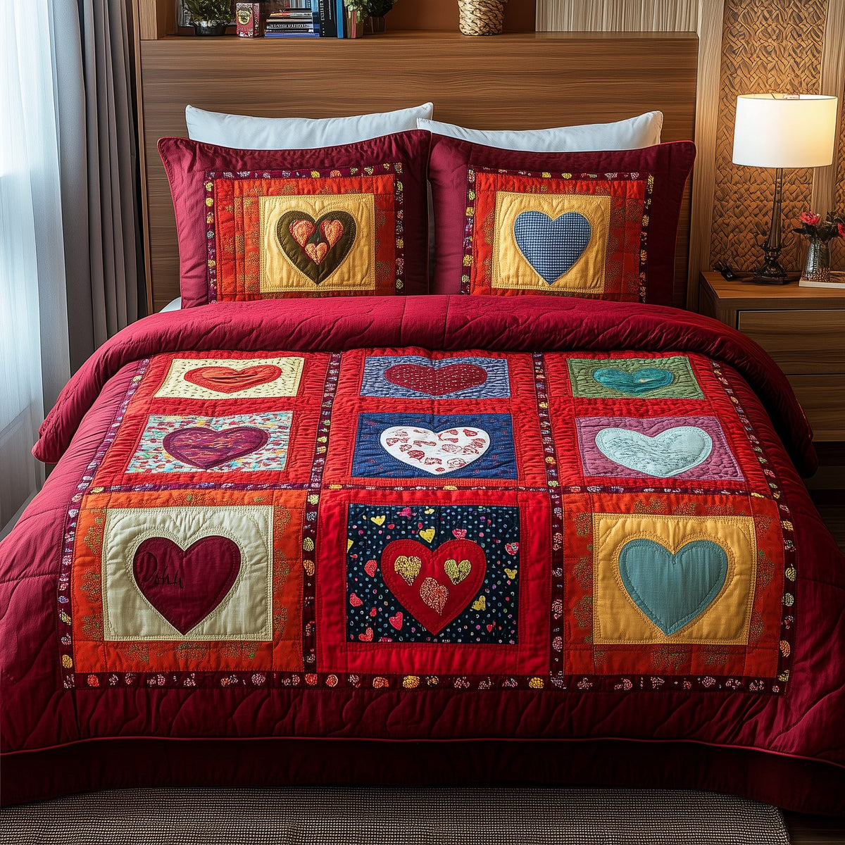 Heart By Heart quilted 3-piece bedding set on a made bed with two matching pillow shams