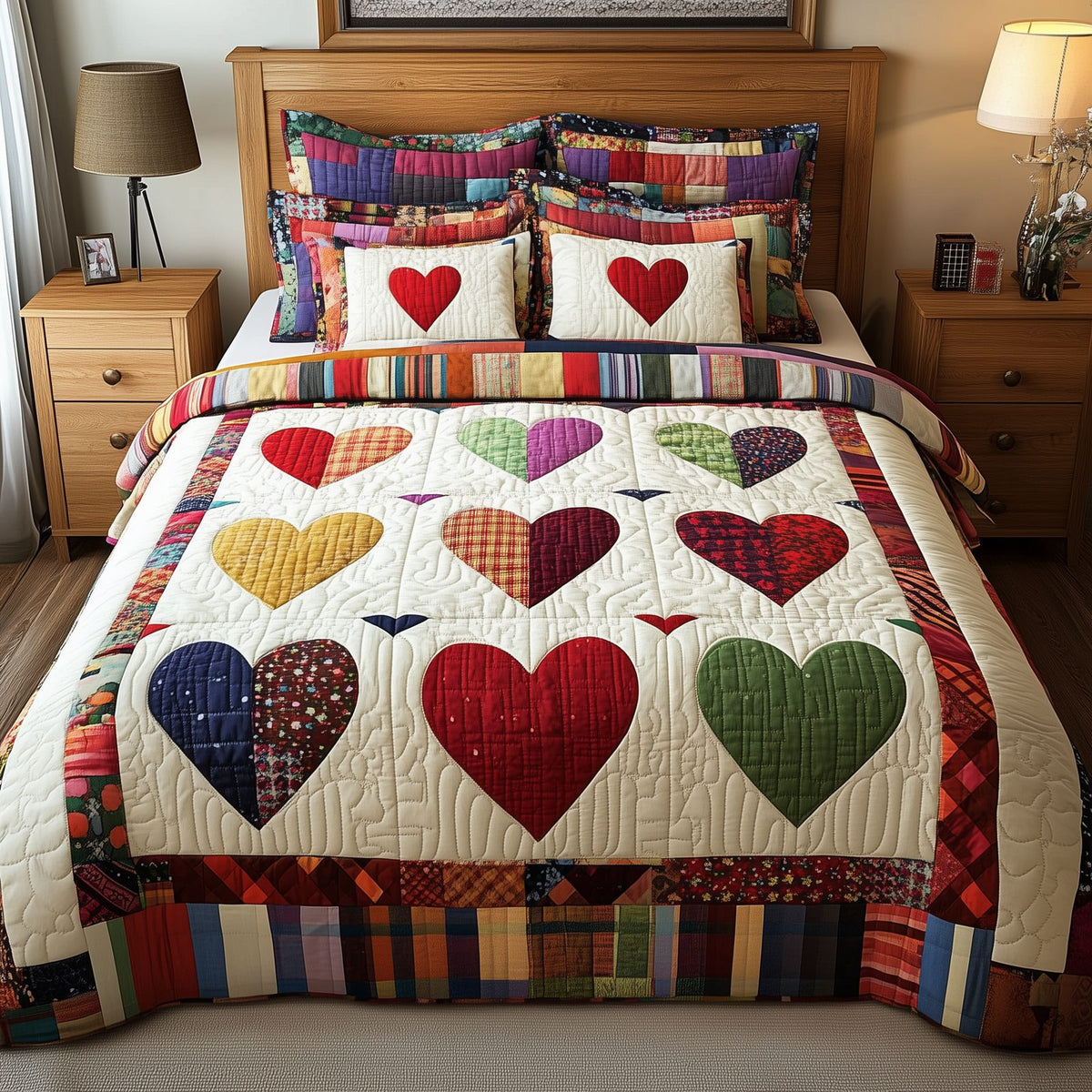 Heart By Heart quilted 3-piece bedding set on a made bed with two matching pillow shams
