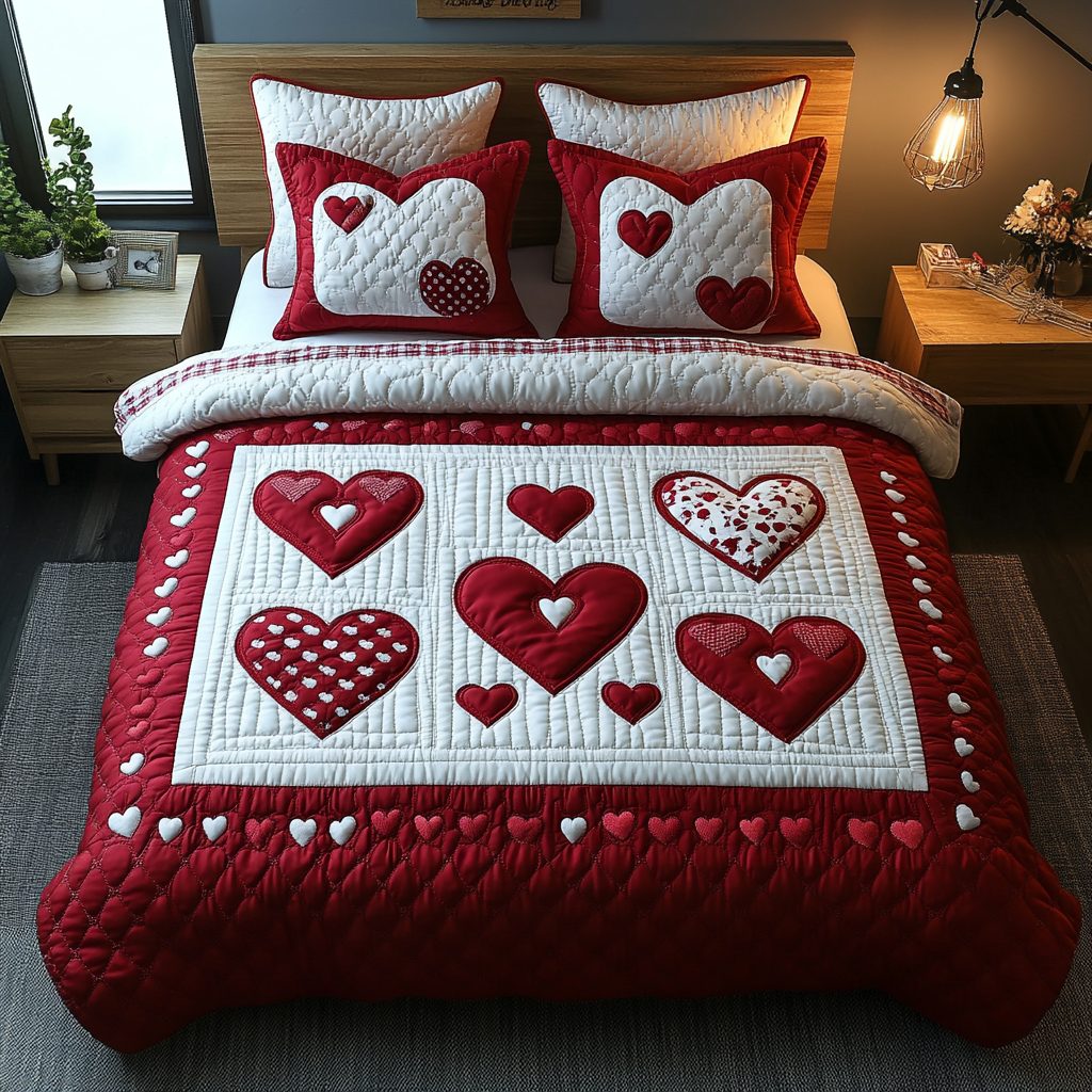 Heart Charm quilted 3-piece bedding set on a made bed with two matching pillow shams