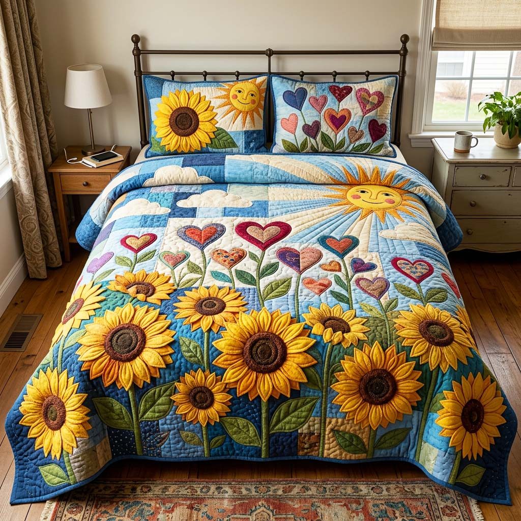 Heart Garden quilted 3-piece bedding set on a made bed with two matching pillow shams