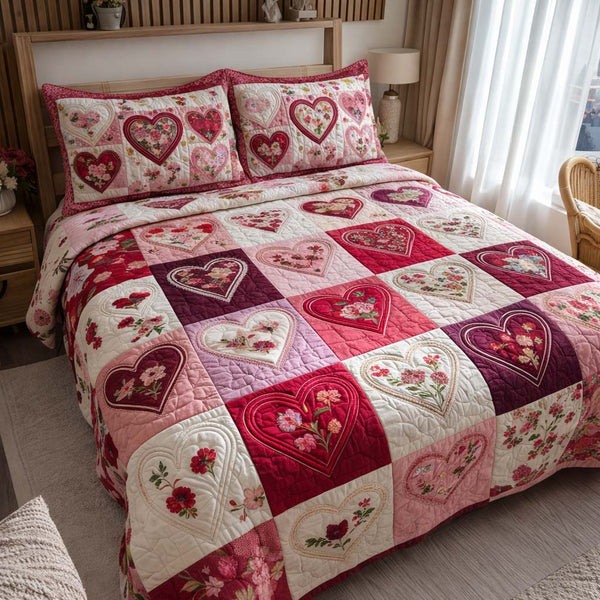 Heart Grid quilted 3-piece bedding set on a made bed with two matching pillow shams