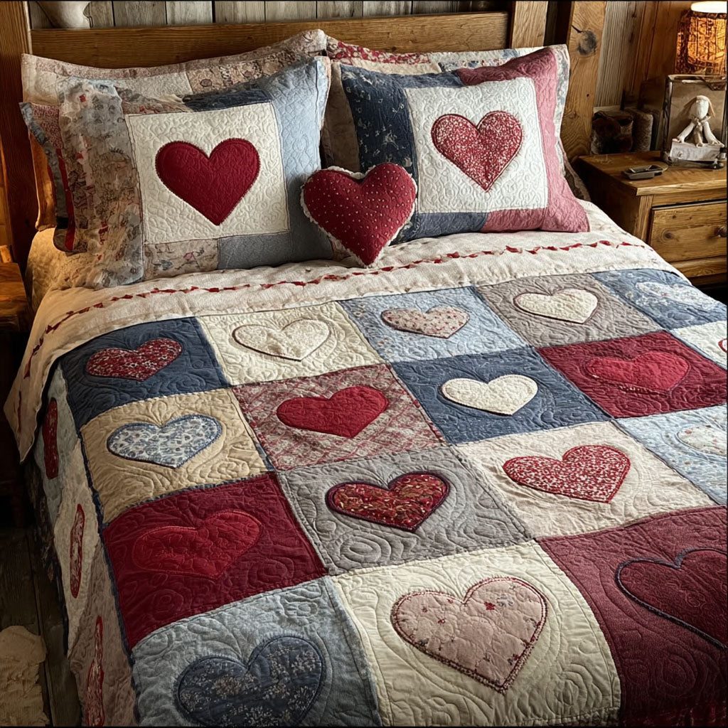 Heart Haven quilted 3-piece bedding set on a made bed with two matching pillow shams