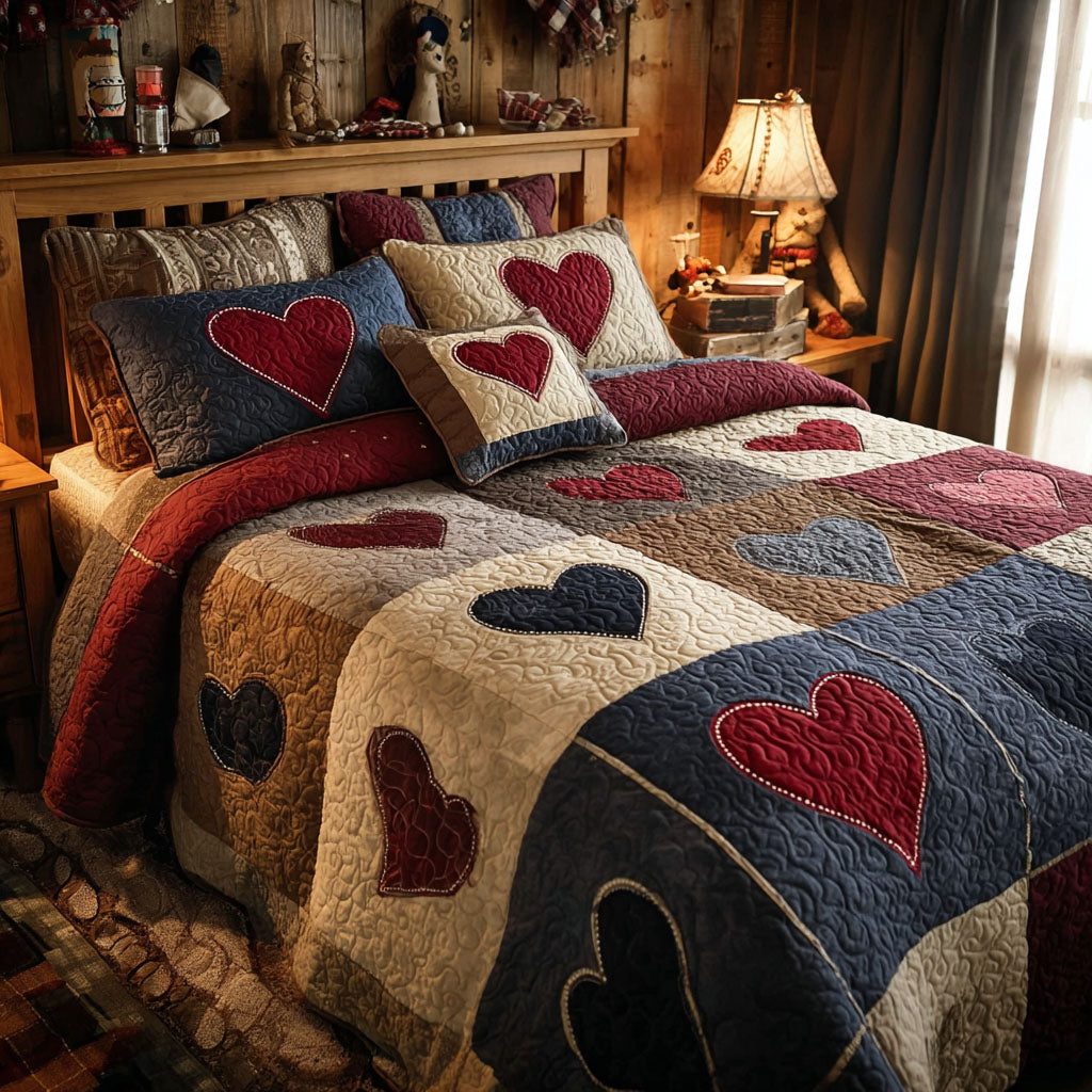Heart Meadow quilted 3-piece bedding set on a made bed with two matching pillow shams
