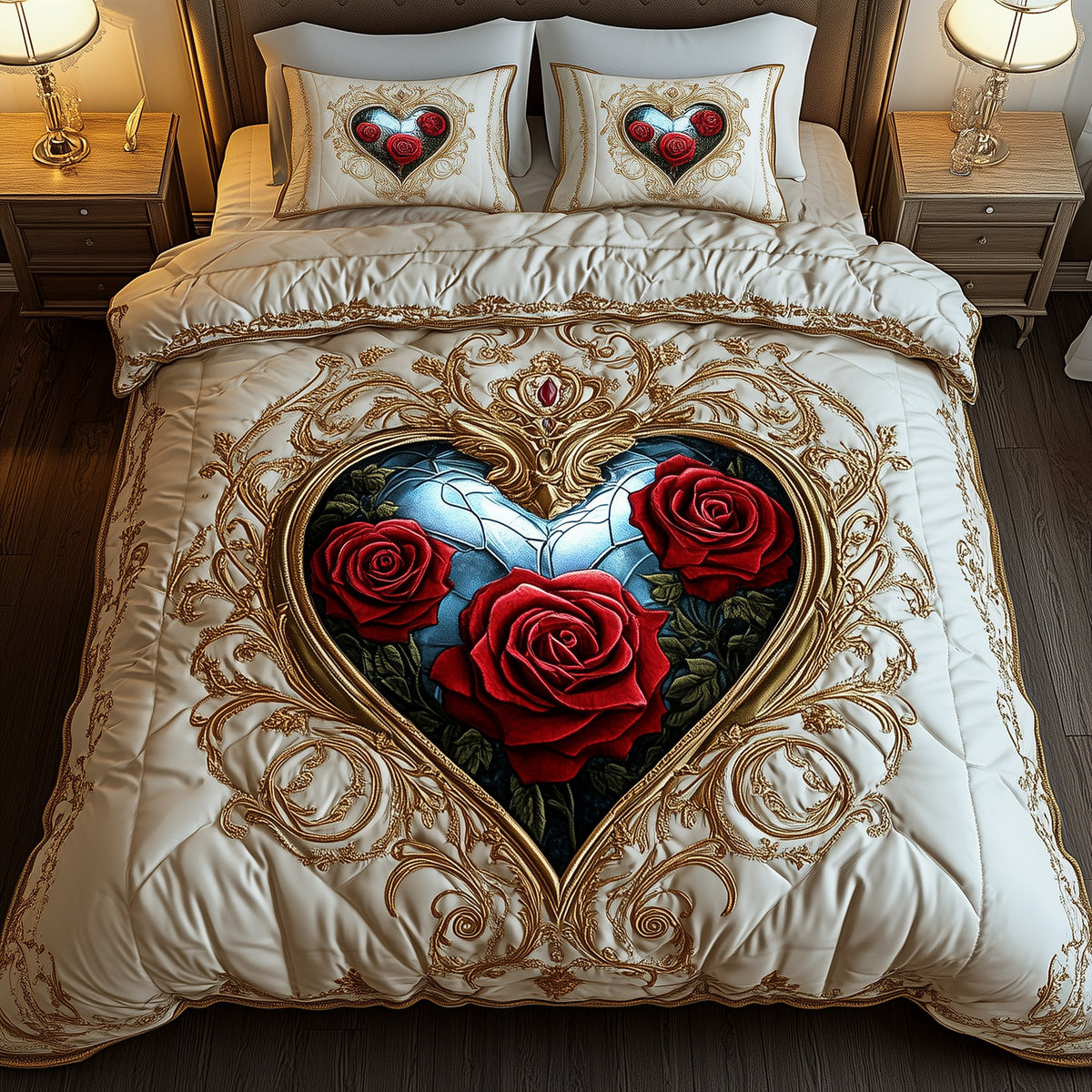 Heart of Roses quilted 3-piece bedding set on a made bed with two matching pillow shams