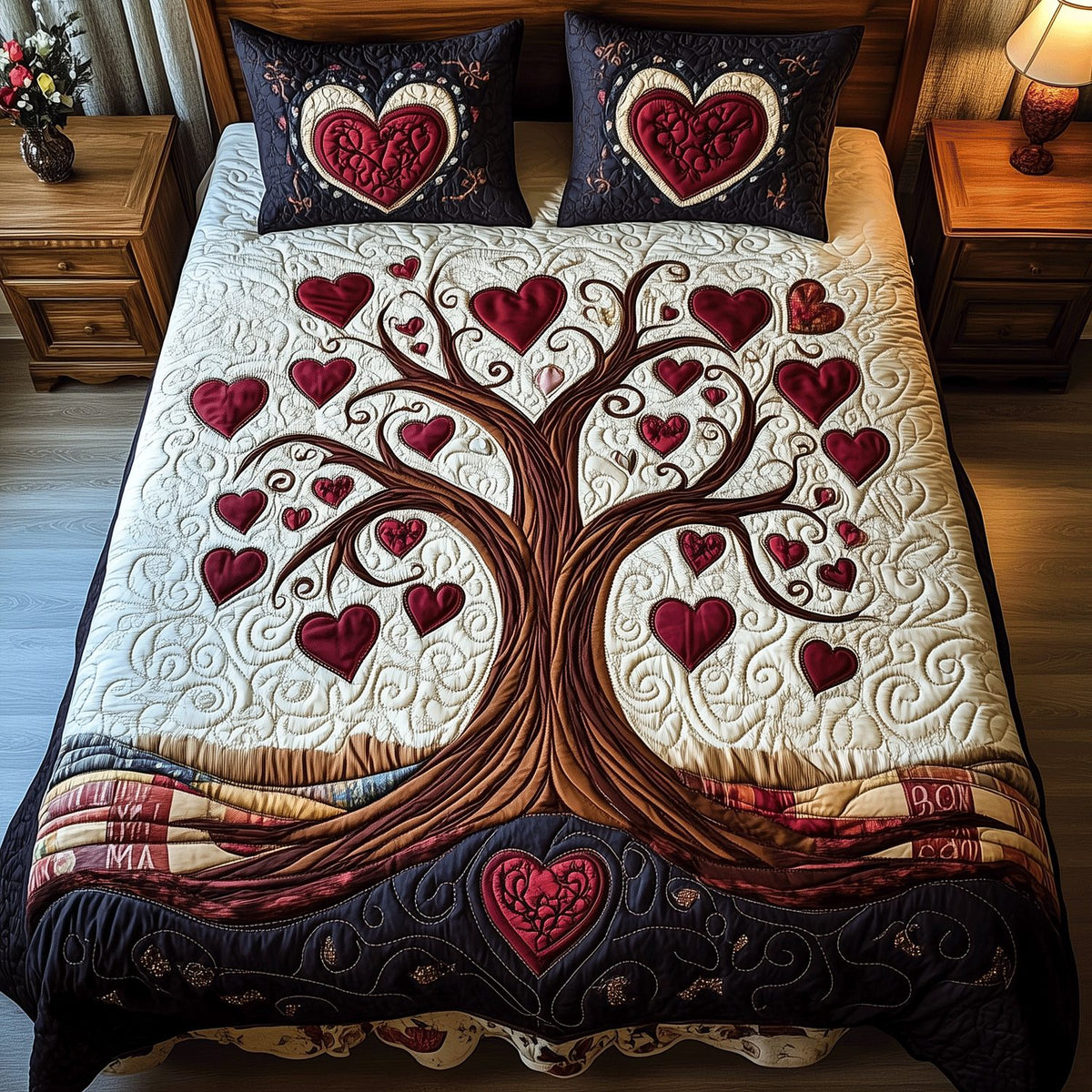 Heart Tree Bliss quilted 3-piece bedding set on a made bed with two matching pillow shams