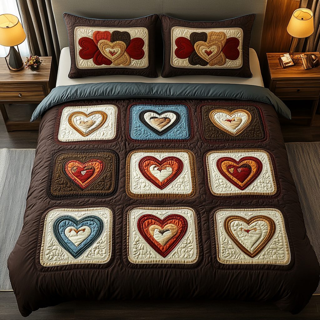 Heartfelt Comfort quilted 3-piece bedding set on a made bed with two matching pillow shams