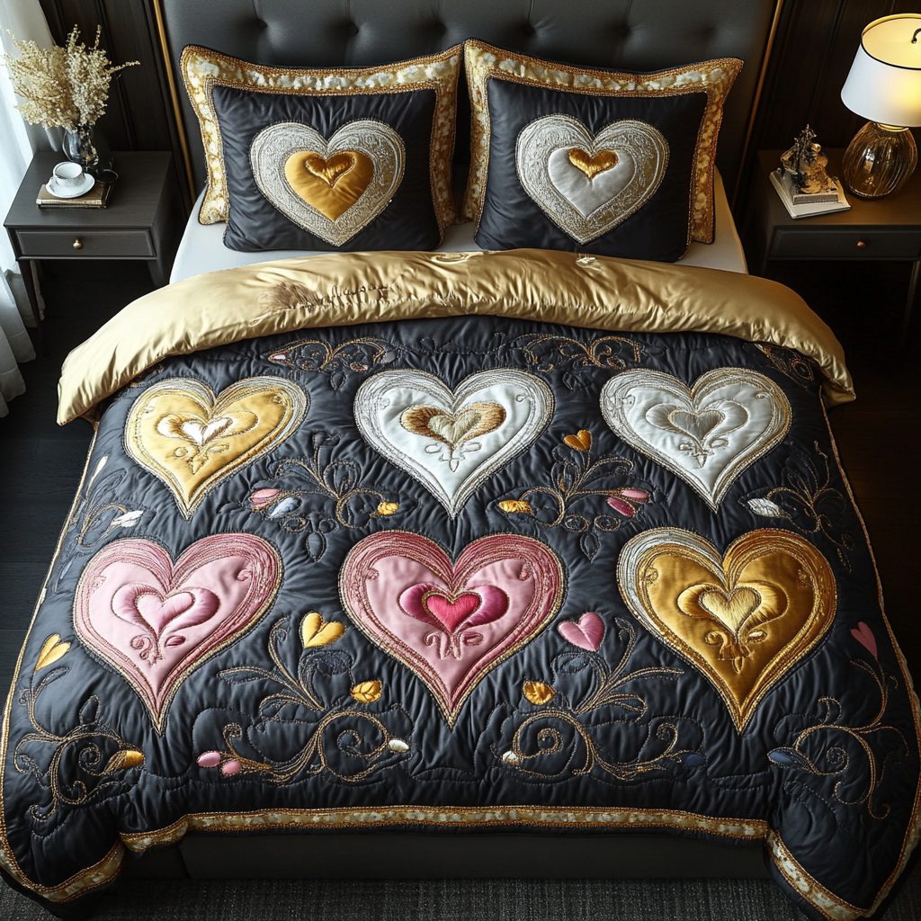 Heartfelt Harmony quilted 3-piece bedding set on a made bed with two matching pillow shams