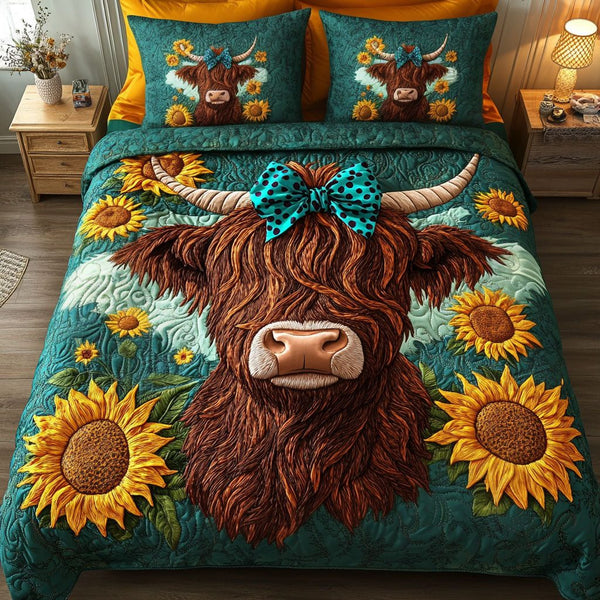 Heartfelt Heifers quilted 3-piece bedding set on a made bed with two matching pillow shams