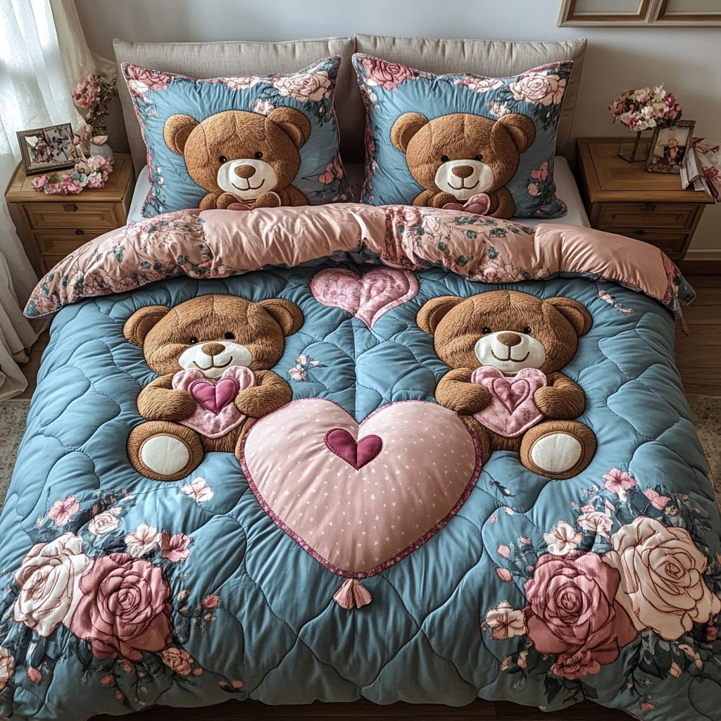 Heartfelt Hug quilted 3-piece bedding set on a made bed with two matching pillow shams