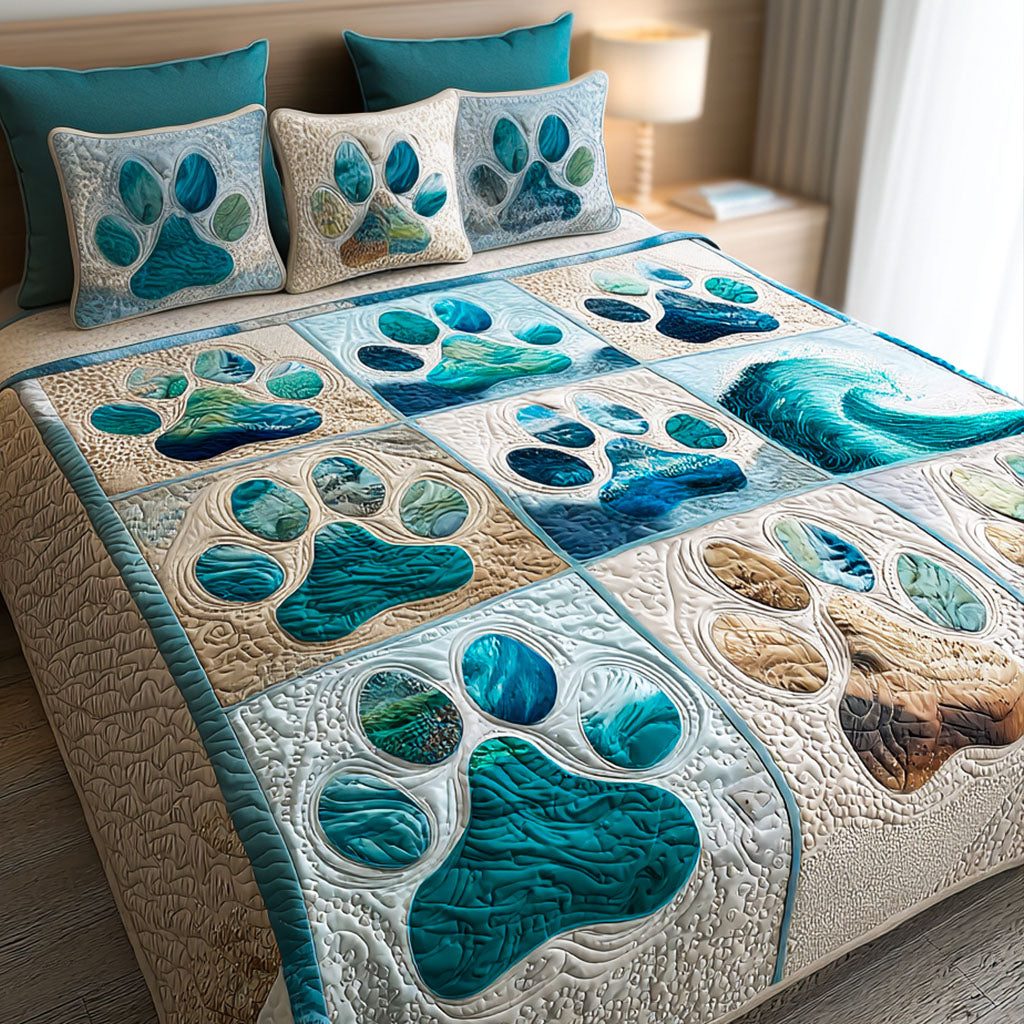 Heartfelt Paws quilted 3-piece bedding set on a made bed with two matching pillow shams