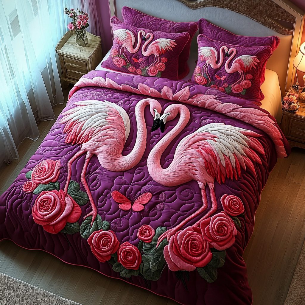 Heartfelt Plumage quilted 3-piece bedding set on a made bed with two matching pillow shams