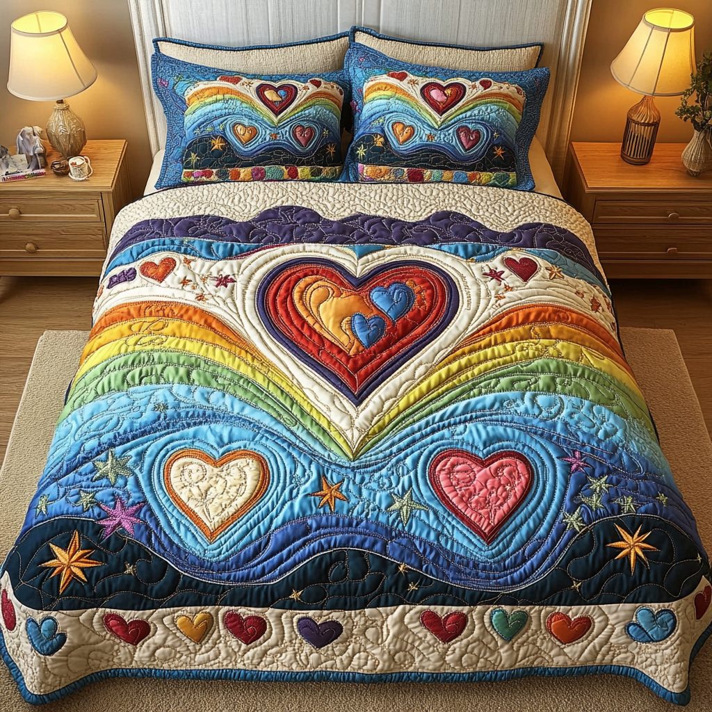 Heartfelt Whispers quilted 3-piece bedding set on a made bed with two matching pillow shams
