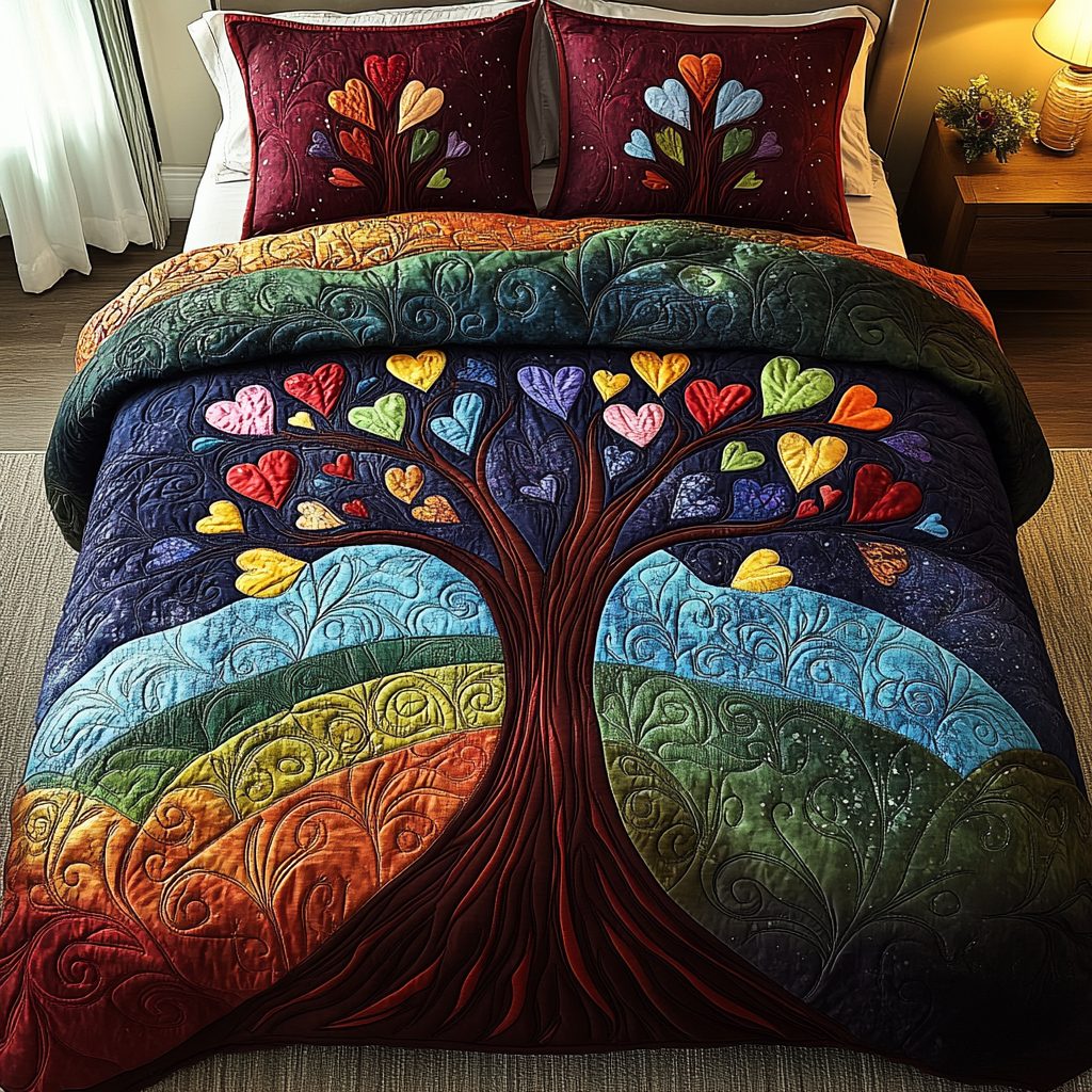 Heartful Roots quilted 3-piece bedding set on a made bed with two matching pillow shams