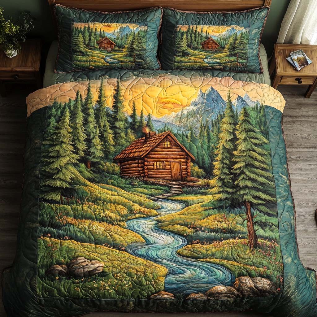 Hearthside Whispers quilted 3-piece bedding set on a made bed with two matching pillow shams