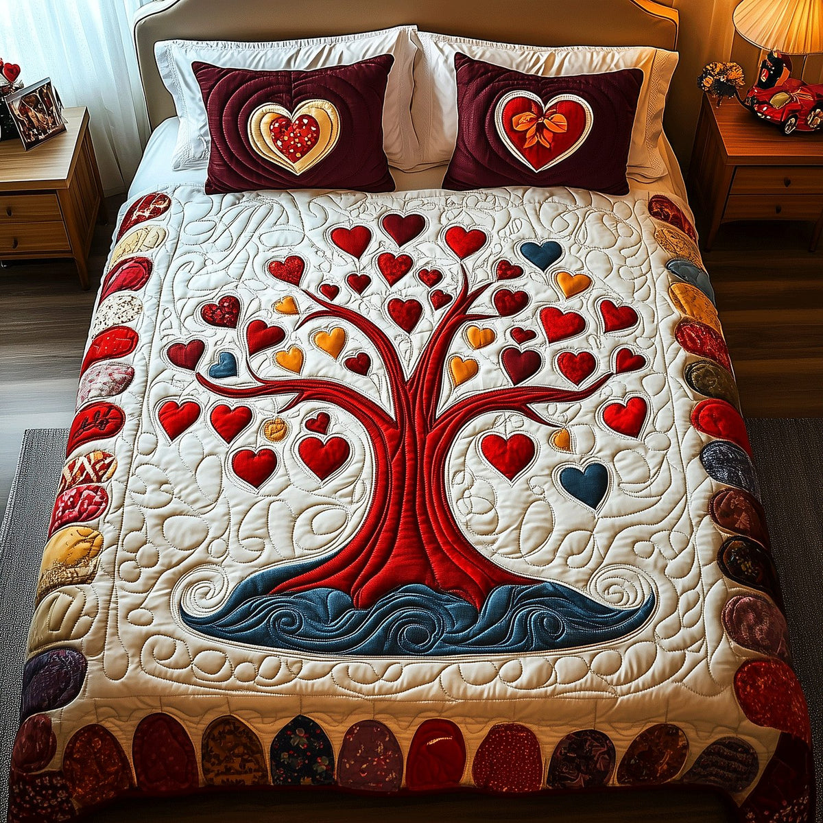 Hearts Blossom quilted 3-piece bedding set on a made bed with two matching pillow shams