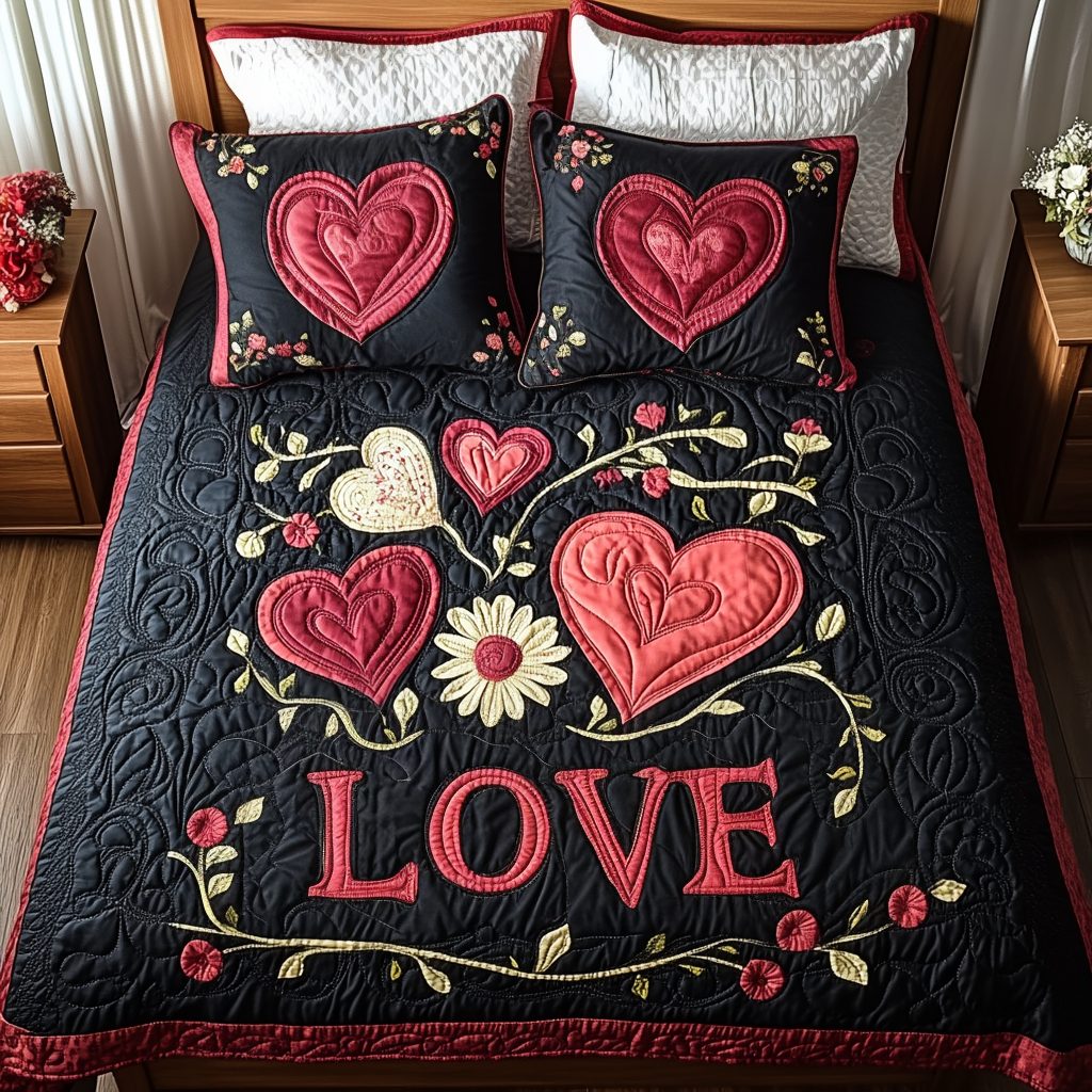 Hearts in Bloom quilted 3-piece bedding set on a made bed with two matching pillow shams