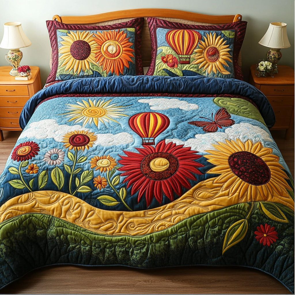 Hearts in the Sky quilted 3-piece bedding set on a made bed with two matching pillow shams