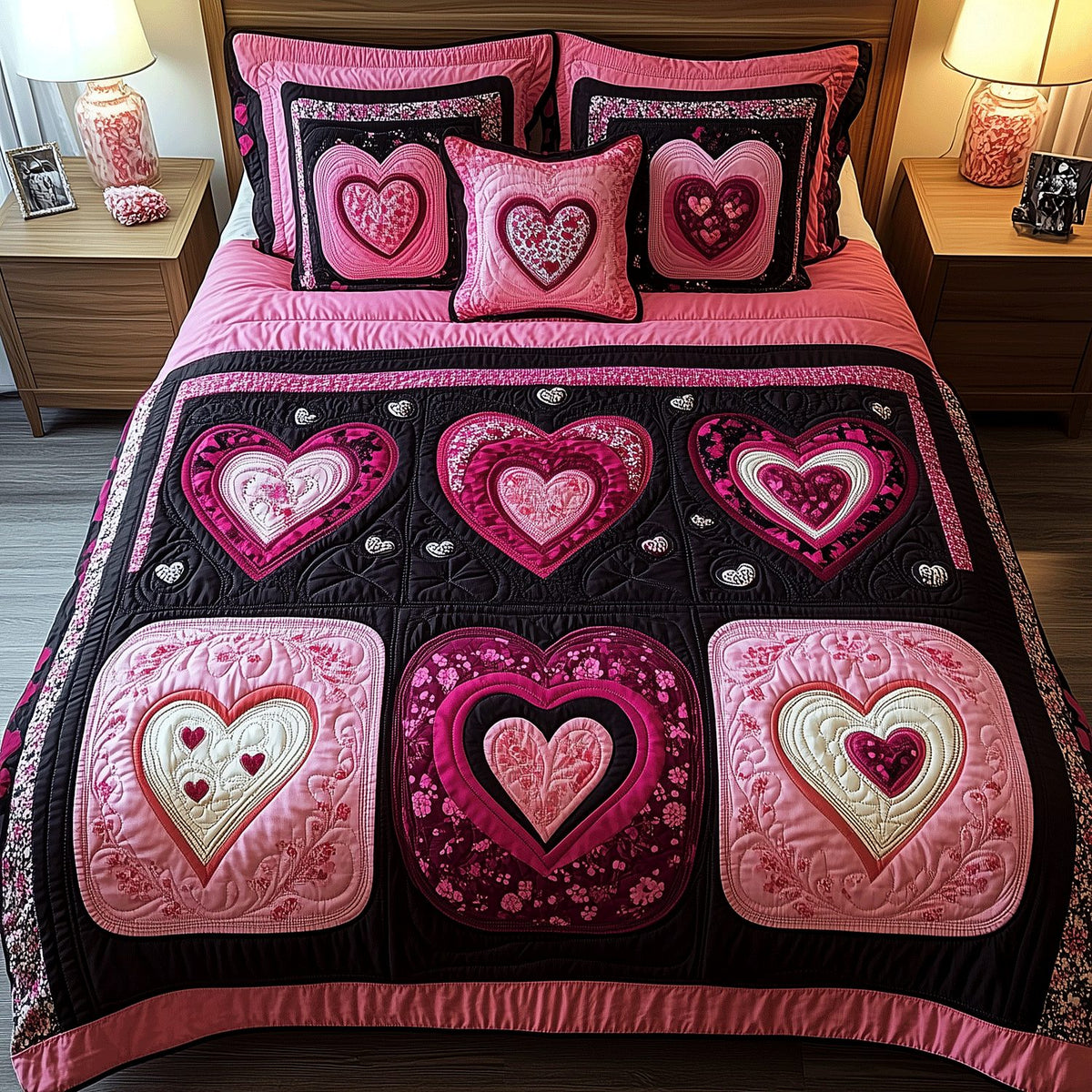 Heartstrings Harmony quilted 3-piece bedding set on a made bed with two matching pillow shams